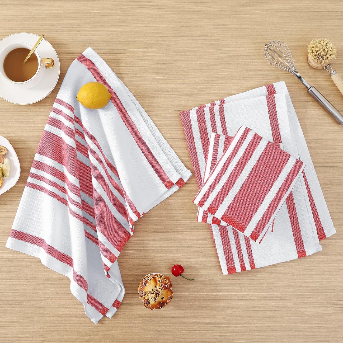 Homaxy Premium Kitchen Towels 18”x 28”, Large Cotton 380 GSM Kitchen Hand Towels, Stripe and Terry Dish Towel, Highly Absorbent Tea Towel Set with Hanging Loop, 8 Pack, Red