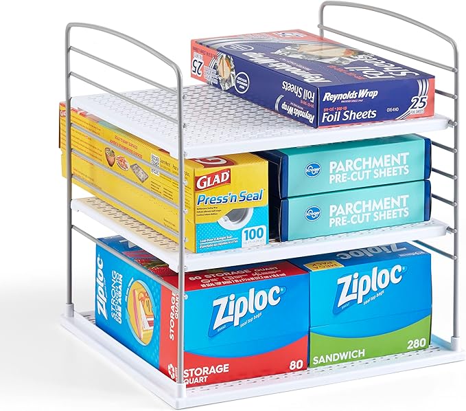 YouCopia UpSpace Cabinet Box Organizer, Adjustable Kitchen and Pantry Shelf for Plastic Wrap and Foil Storage, Extra Large, White