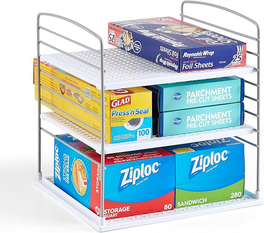 YouCopia UpSpace Cabinet Box Organizer, Adjustable Kitchen and Pantry Shelf for Plastic Wrap and Foil Storage, Extra Large, White