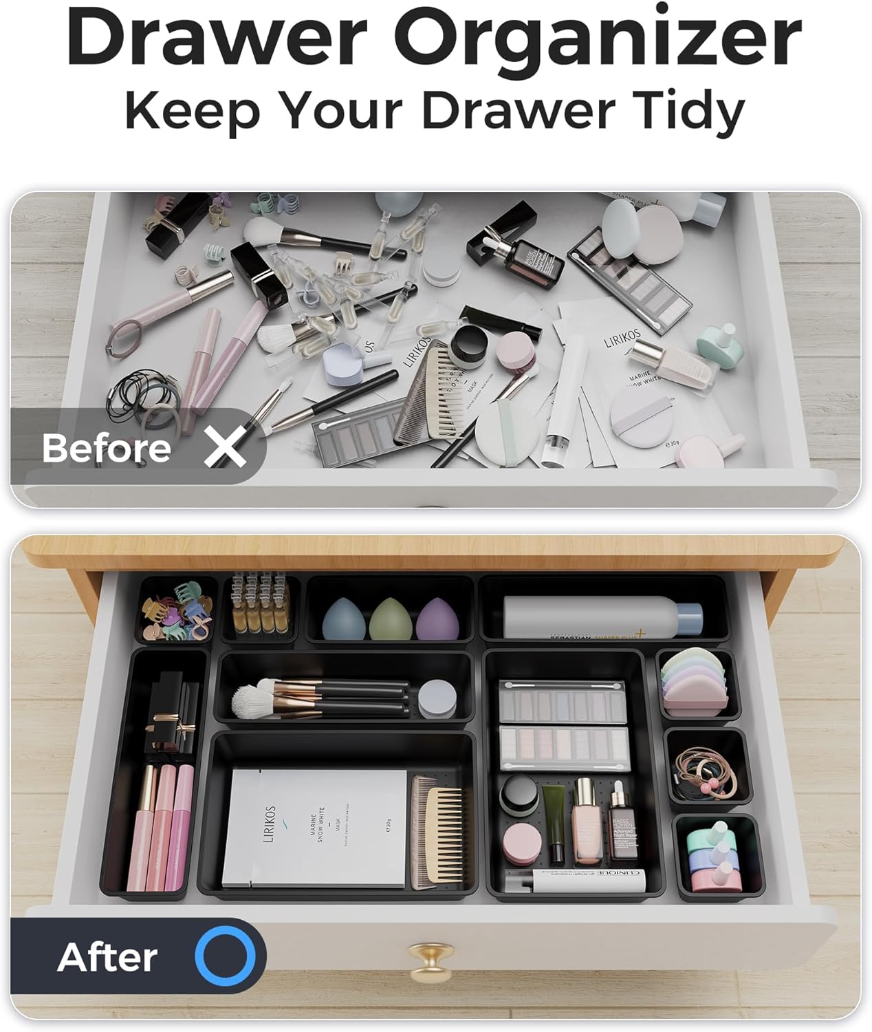 25 PCS Plastic Drawer Organizers Set, 4-Sizes Vanity and Makeup Organizer, Desk and bathroom Drawer Organizer Trays, Organizers and Storage for Makeup, Jewelry, Gadgets, Utensils (Black)