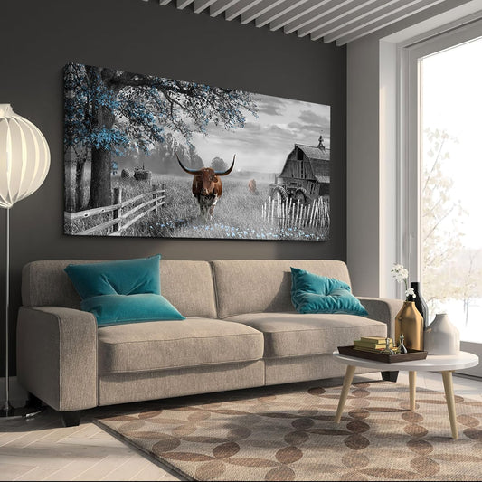 yiijeah Western Home Decor - Cow Picture Rustic Wall Art - 48x24 Inches Longhorn Wall Decor Living Room Bedroom Canvas Framed Artwork Farmhouse Wall Decor