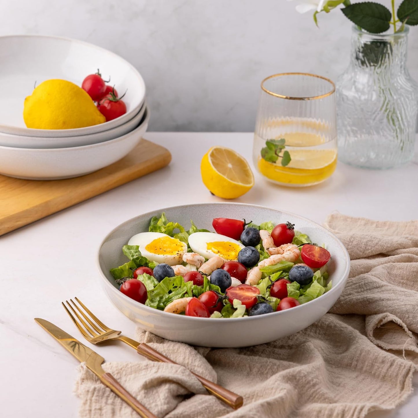 AmorArc 8.5'' Large Ceramic Pasta Bowls, 36oz Stoneware Pasta Serving Bowls Set of 6 for Kitchen, Wide Bowls for Pasta,Salad,Oatmeal, Microwave Safe, Reactive-Color