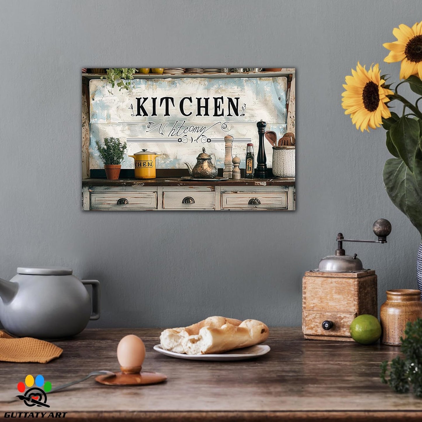 GUTTATY Farmhouse Wall Art Rustic Kitchen Decor, Ready to Hang Graffiti Kitchen Canvas Print Spoon And Vegetable,Vintage Posters Prints for Dinning Room Home Kitchen Restaurant Painting 18×24 Inch