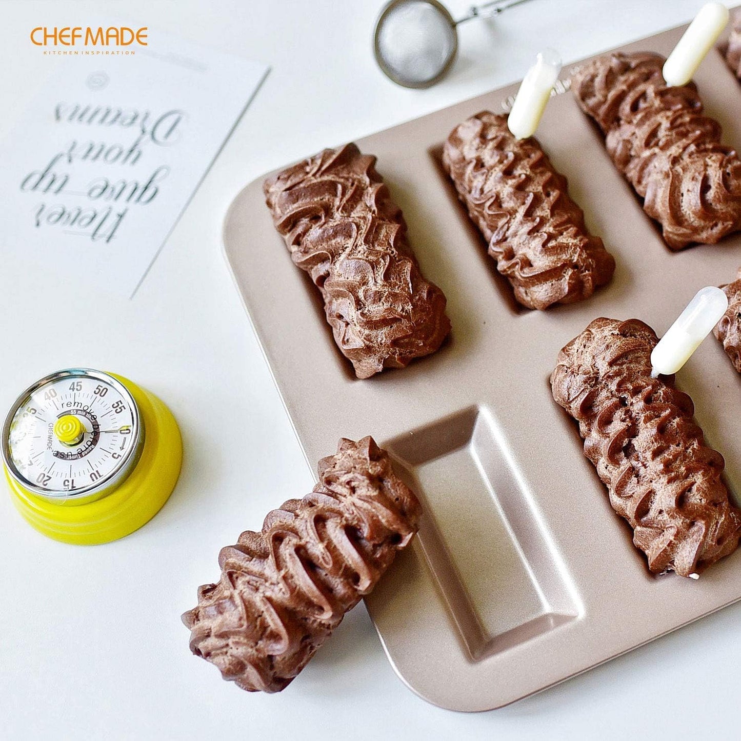 CHEFMADE Financier Cake Pan, 8-Cavity Non-Stick Rectangle Muffin Pan Biscuits Cookies Bakeware for Oven Baking (Champagne Gold)