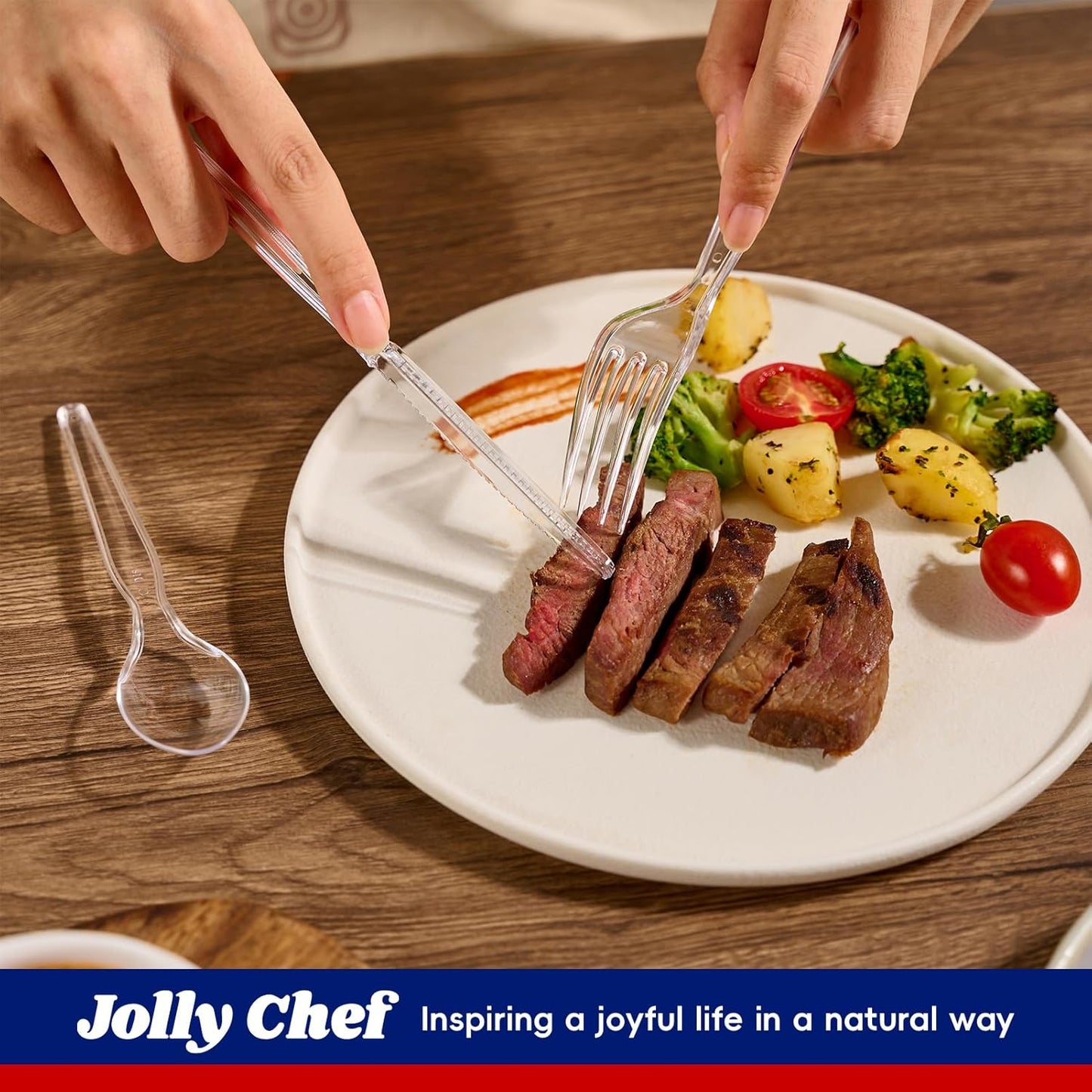 JOLLY CHEF 300 Count Clear Plastic Silverware, 100 Forks, 100 Spoons, 100 Knives, Heavy Duty BPA Free Disposable Plastic Cutlery Set, Plasticware Bulk, Premium Clear Utensils for Party Supplies