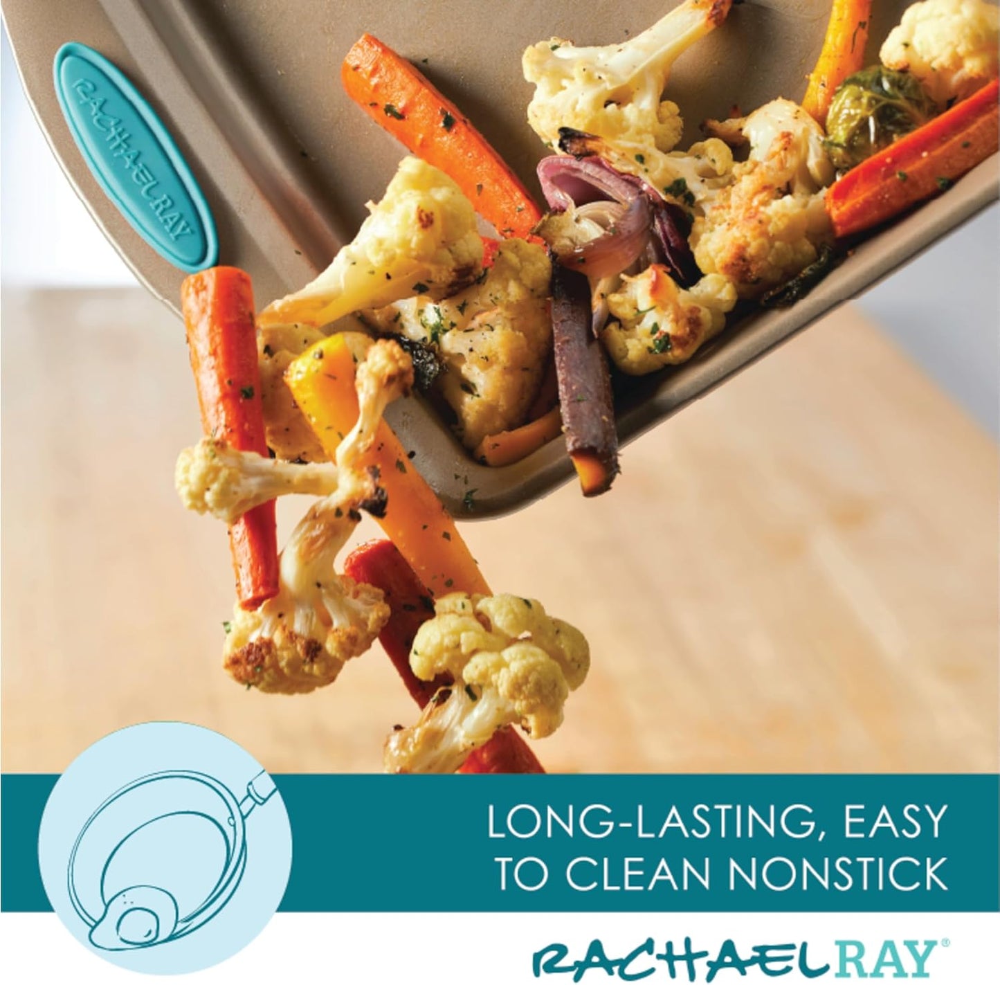 Rachael Ray 47578 Cucina Nonstick Bakeware Set with Grips Includes Nonstick Bread Pan, Baking Sheet, Cookie Sheet, Baking Pans, Cake Pan and Muffin Pan - 10 Piece, Latte Brown with Agave Blue Grips