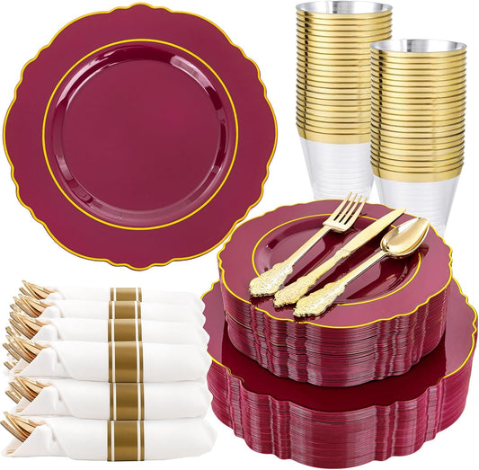 Liacere 350PCS Red Plastic Plates-Disposable Burgundy Red and Gold Plates 50guest Baroque Plastic Dinnerware include 100Plates, 50Pack Pre Rolled Napkins with Silverware 50Cups for Christmas
