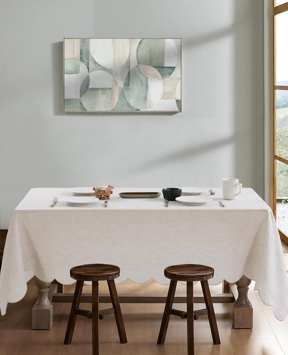 100% French Flax Linen Scalloped Embroidery Rectangle Tablecloths 108Lx60W Inch for Dinners, Parties, Spring, Machine Washable, 8-10 Sets, Linen(Edges-Gold)