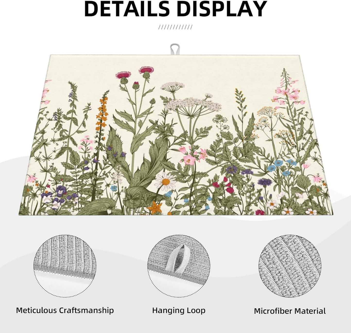 Floral Dish Drying Mat for Kitchen Counter, 18 x 24 Inch Microfiber Spring Summer Dish Mats for Drying Dishes, Antique Herbs and Flowers Dish Drying Pad Kitchen Decor Rack Mat