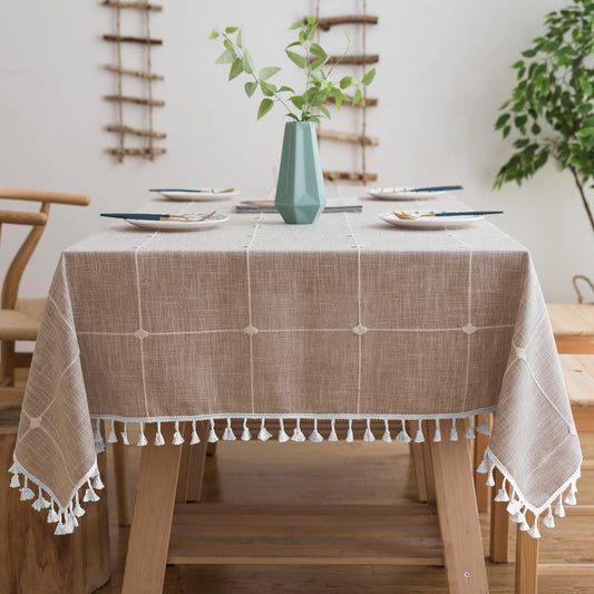 Oubonun Cotton Linen Rectangular Tablecloth - Wrinkle Resistant & Waterproof - Machine Washable Table Cloth with Tassels for Kitchen & Dining, 55''x102'', 8-10 Seats