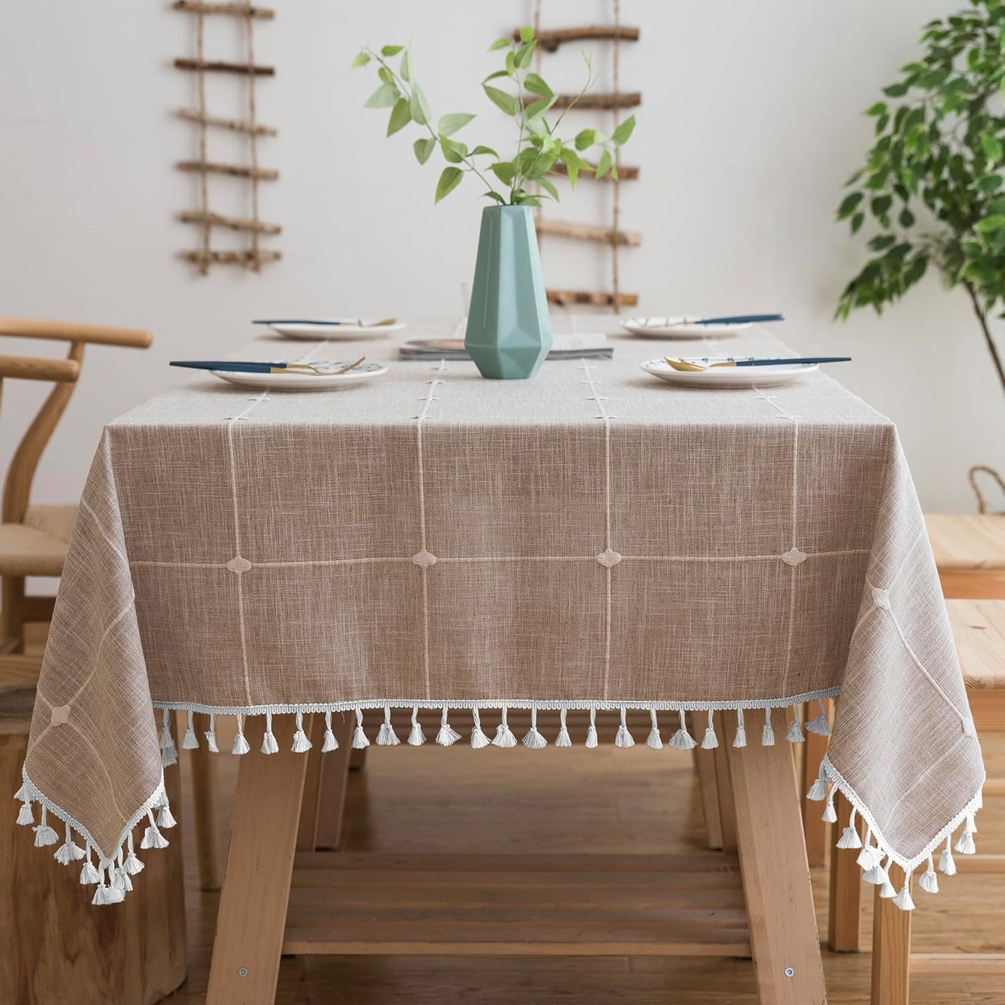 Oubonun Cotton Linen Rectangular Tablecloth - Wrinkle Resistant & Waterproof - Machine Washable Table Cloth with Tassels for Kitchen & Dining, 55''x120'', 10-12 Seats