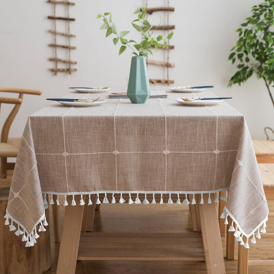 Oubonun Cotton Linen Square Tablecloth - Wrinkle Resistant & Waterproof - Machine Washable Table Cloth with Tassels for Kitchen & Dining, 55''x55'', 4 Seats