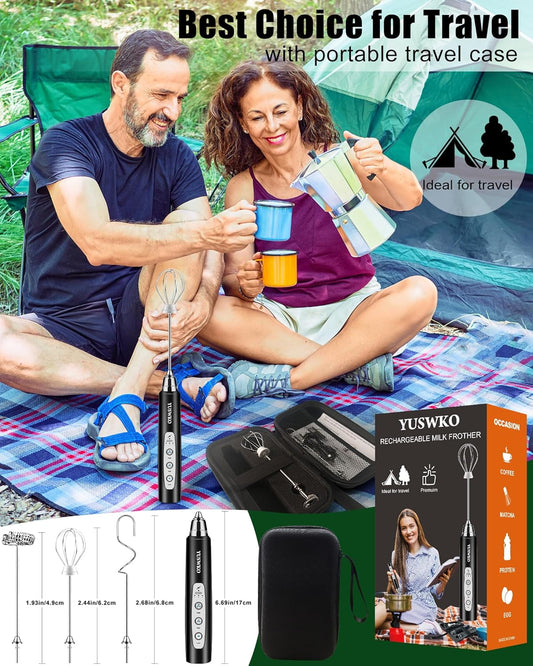 YUSWKO Rechargeable Milk Frother Handheld Frother Wand Drink Mixer for Coffee, Electric Whisk 3 Speed Adjustable, Coffee Foamer Maker with 3 Stainless Whisks Ideal Stirrers for Travel - Black