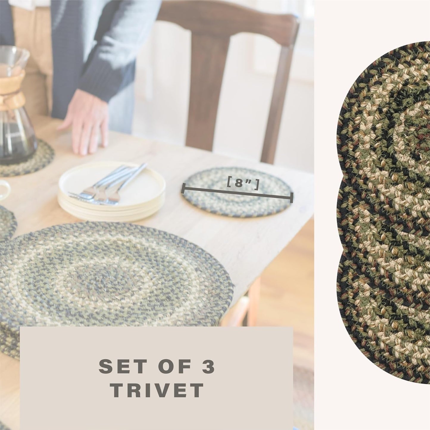 Homespice Pinecone Jute Braided Trivets for Table, Warm Country Rustic Decor, Set of 3, Green 8" Round Heat Resistant Mats - Rich Colors, Easy to Clean, Durable and Protects Furniture