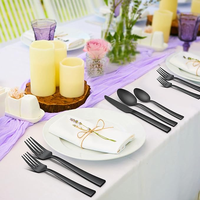 Herogo 20-Piece Matte Black Silverware Set for 4, Stainless Steel Square Flatware Cutlery Set, Tableware Eating Utensils Include Knife Spoon Fork, Satin Finish, Dishwasher Safe