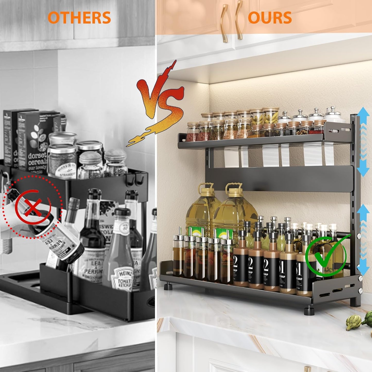 Spice Rack Organizer for Countertop, 2-Tier Height-Adjustable Spice Rack Organizer, Metal Standing Kitchen Counter Organizer with Guardrail & Knife Block for Kitchen Cabinet