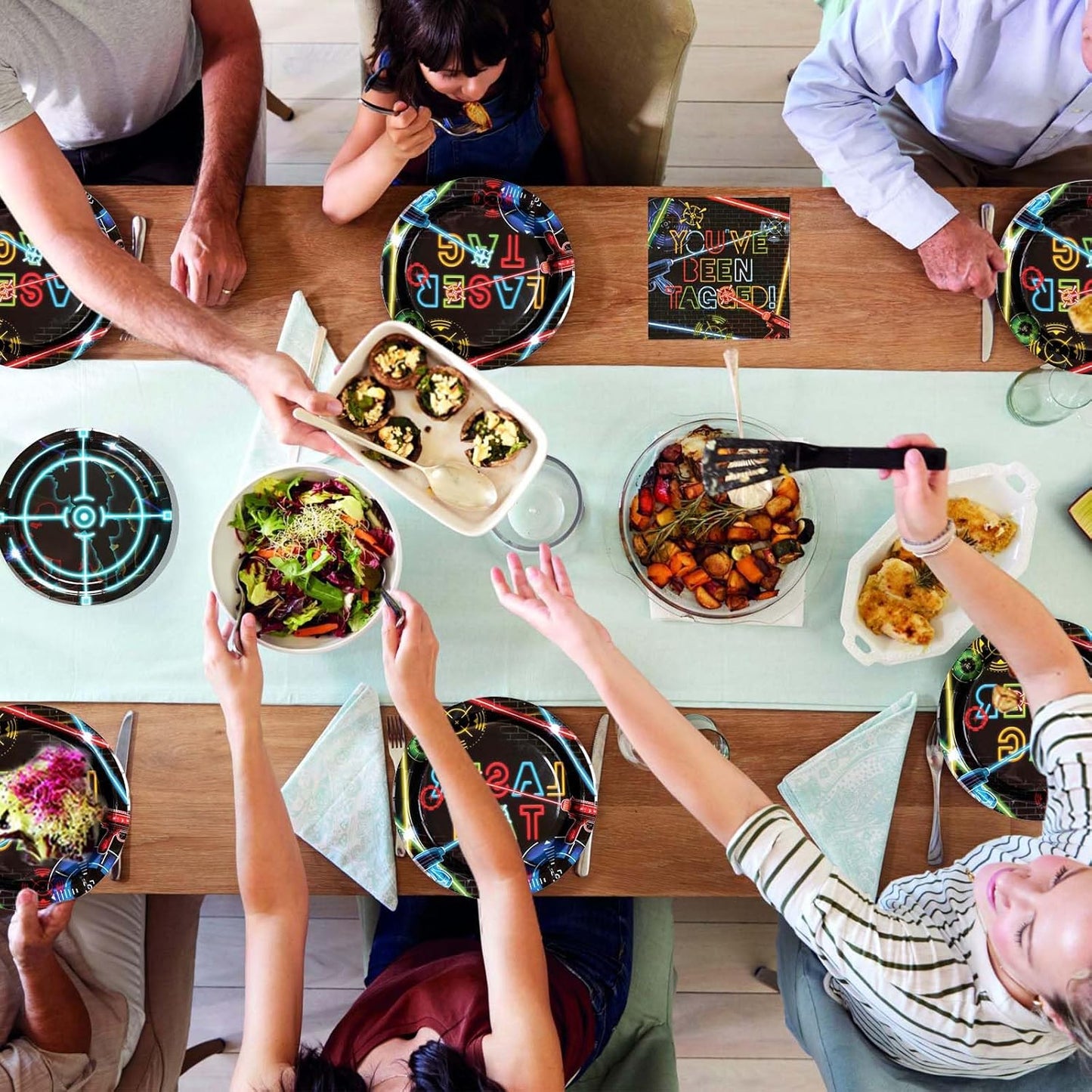 96 Pcs Laser Tag Party Supplies Disposable Glow Neon Plates Napkins Forks Tableware Set Laser Tag Party Favors for Kids Boys Girls Neon Glow Shooting Game Laser Tag Birthday Decorations Serves 24