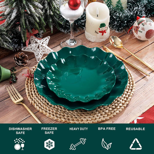 LIYH 50 Pcs Dark Green Plastic Plates Reusable Christmas Plastic Plates Green Christmas Plate Unbreakable Holiday Dinnerware Set Fancy Scalloped Plate Dishwasher Safe BPA Free (25Guests)