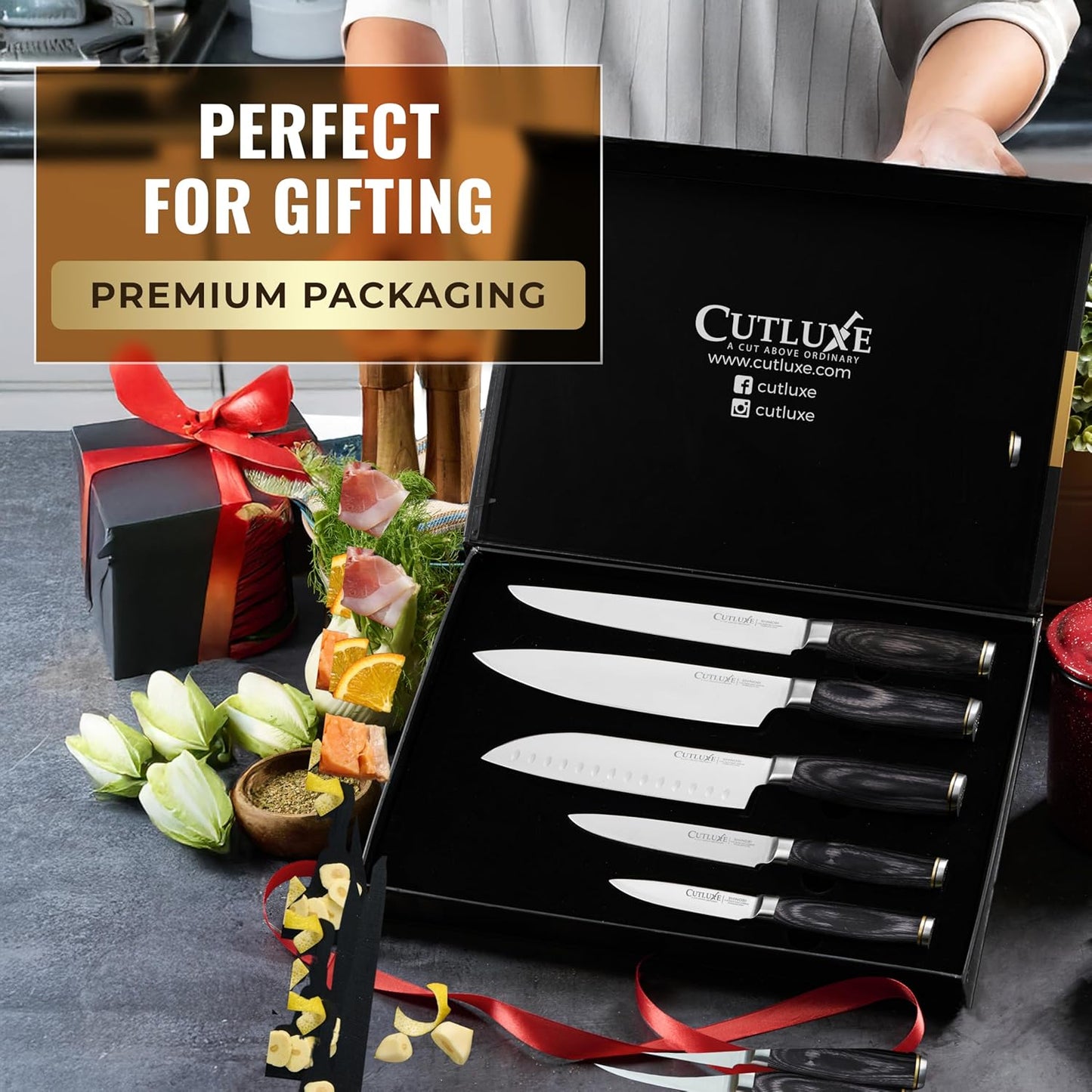 Cutluxe 5-Piece Chef Knife Set – Ultra Sharp Japanese Kitchen Knives, High Carbon Stainless Steel Blades, Full Tang Pakkawood Handles – Shinobi Series