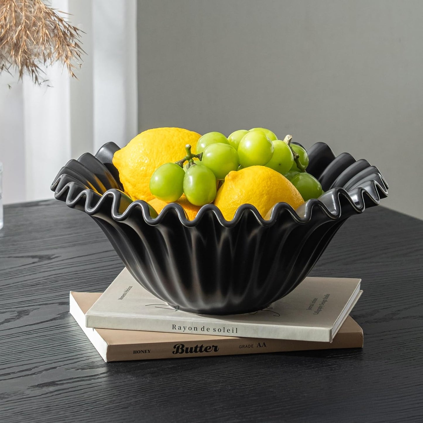 Large Decorative Bowl, Porcelain Fruit Bowl for Kitchen Counter HandCrafted Ruffle Flower Bowl for Home Decor Stylish Fluted Dish for Party, Black (10 inch) Halloween