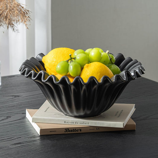 Large Decorative Bowl, Porcelain Fruit Bowl for Kitchen Counter HandCrafted Ruffle Flower Bowl for Home Decor Stylish Fluted Dish for Party, Black (10 inch) Halloween