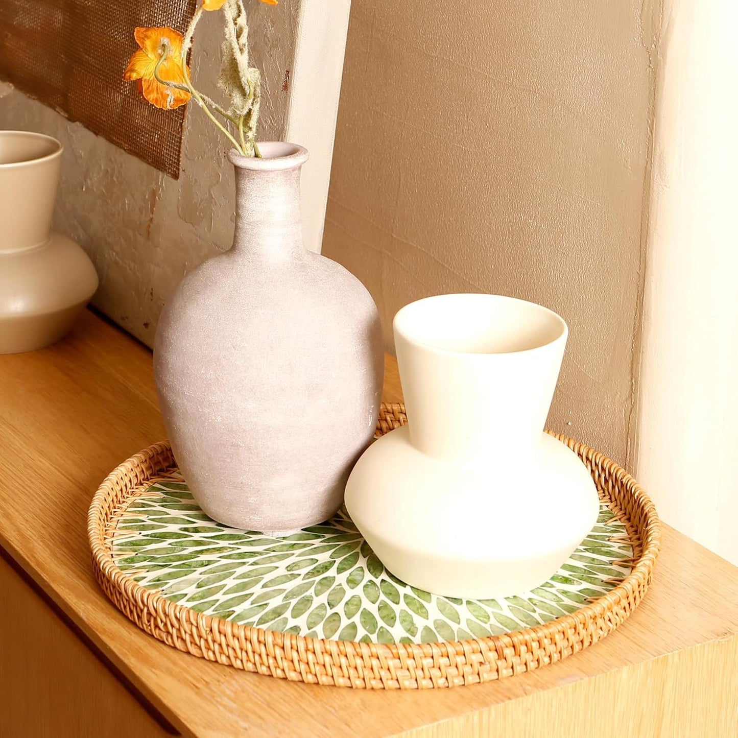 Round Rattan Tray with Mother of Pearl Inlay & Wooden Base - Decorative Wicker Serving Tray for Coffee/Bread/Fruits, Food Storage & Display - Multipurpose Home Decor (L,Green Leaves)