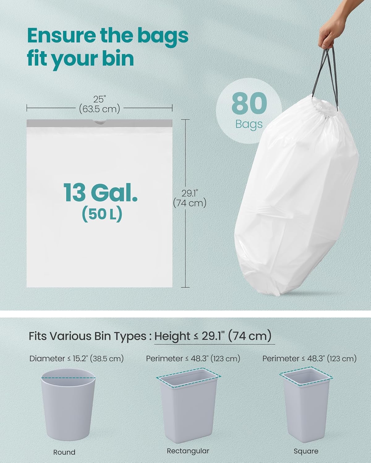 SONGMICS Trash Bags for 13-Gallon (50 L) Trash Cans, Drawstring Kitchen Garbage Bags, Pre-Separated, Quick-Dispense Box, Liner Code K, 2 Rolls, 80 Count, White UKRB051A02