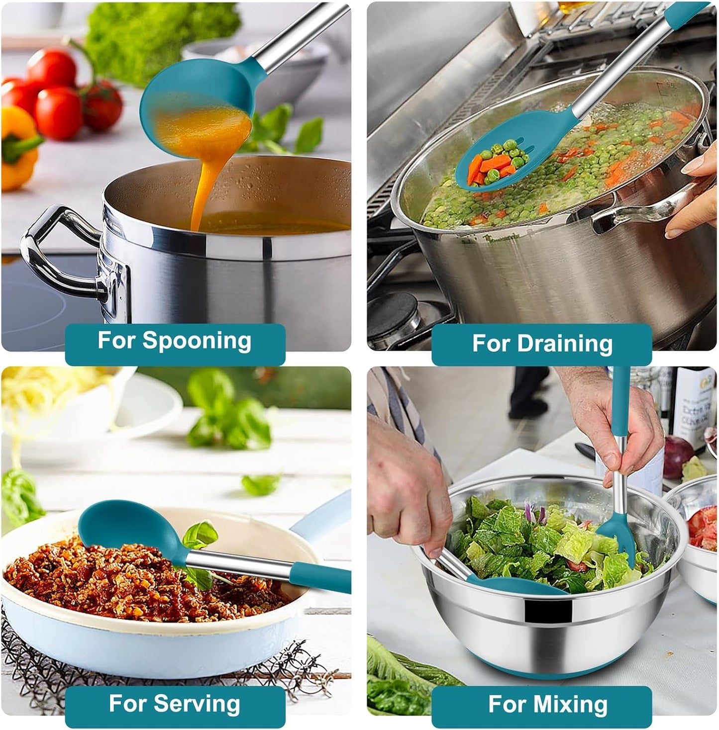 TeamFar Cooking Utensils Set, 4PCS Heatproof Silicone Utensil Kitchen Tools with Stainless Steel Handle, for Non-stick Cookware Flipping Frying Draining, Nontoxic & Non scratch, Easy Clean - Navy Blue