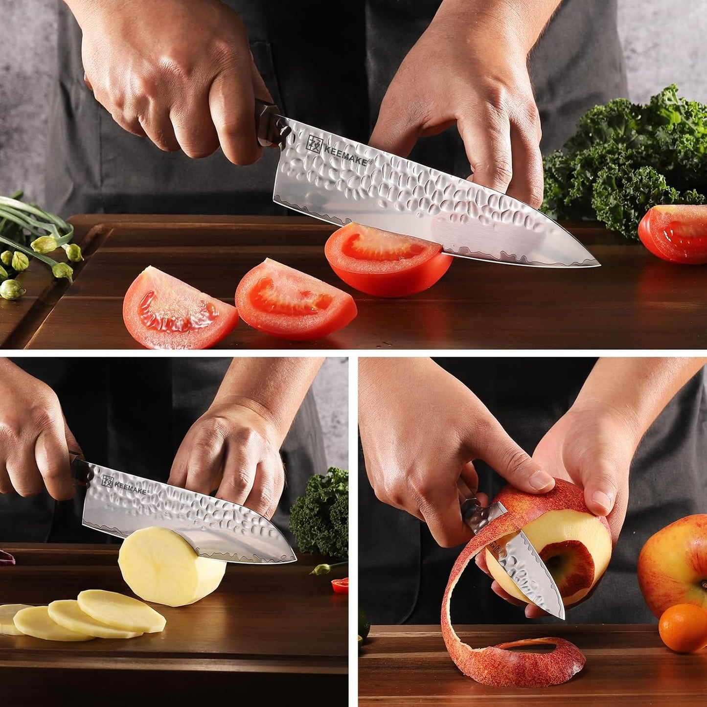 KEEMAKE Kitchen Knife Set 3-pcs - Chef Knife Set with 3-layer Japanese 9CR18MOV Clad Steel Blade, Sharp Knives Set for Kitchen with Octagon Rosewood Handle Kitchen Knives