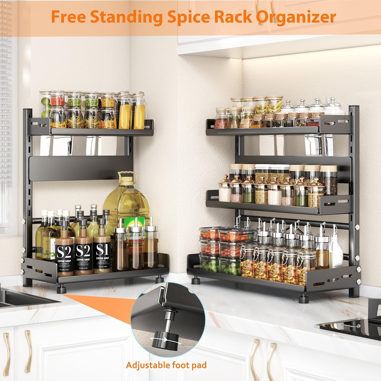 Spice Rack Organizer, 2-Tier Height-Adjustable Kitchen Countertop Spice Organizer Shelf, Metal Rust-Proof Standing Large Spice Racks with Guardrail & Knife Block for Kitchen Storage