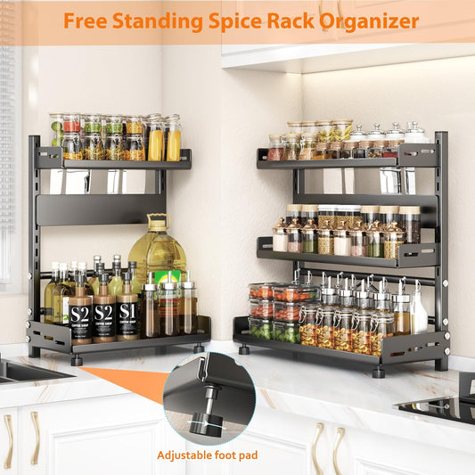 Spice Rack Organizer, 2-Tier Height-Adjustable Kitchen Countertop Spice Organizer Shelf, Metal Rust-Proof Standing Large Spice Racks with Guardrail & Knife Block for Kitchen Storage