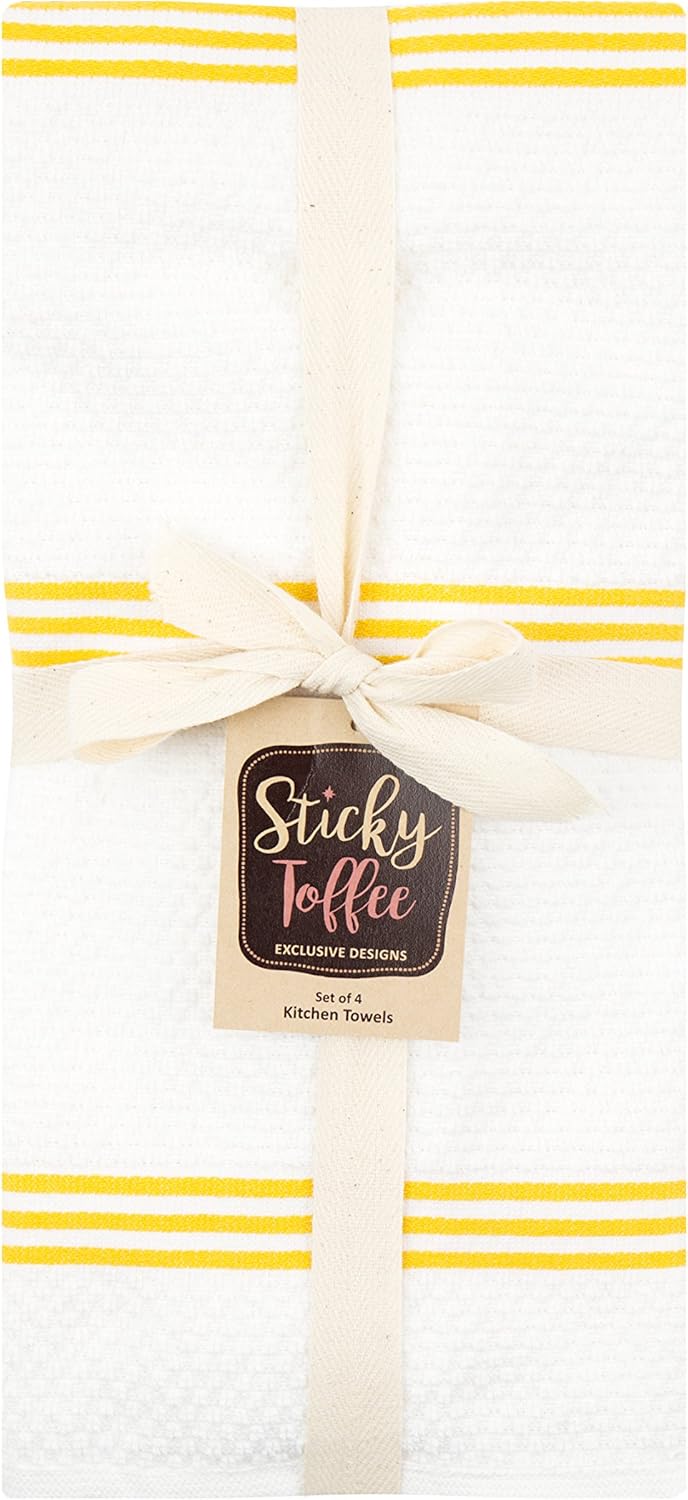 Sticky Toffee Cotton Kitchen Towels Set of 4 – Yellow and White Dish Towels 28x16 in, Reusable and Absorbent Tea Towels for Cleaning or Drying, Oeko-Tex Cotton