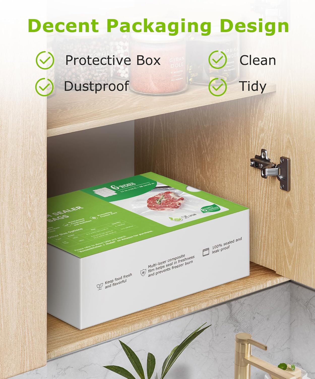 [2025 Upgraded] Bonsenkitchen 6 Rolls 11" x 16' Vacuum Sealer Bags for Food with a Color Box, Easy to Store, Commercial Grade, BPA Free, Great for Food Storage or Sous Vide, VB21