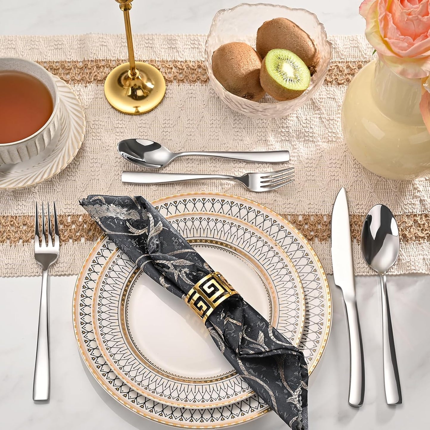 40-Piece Black Silverware Set, Heavy Duty Stainless Steel Flatware Cutlery Set Service for 8, Food-Grade Utensil Sets for Home Restaurant, Dishwasher Safe (Silver, 40)