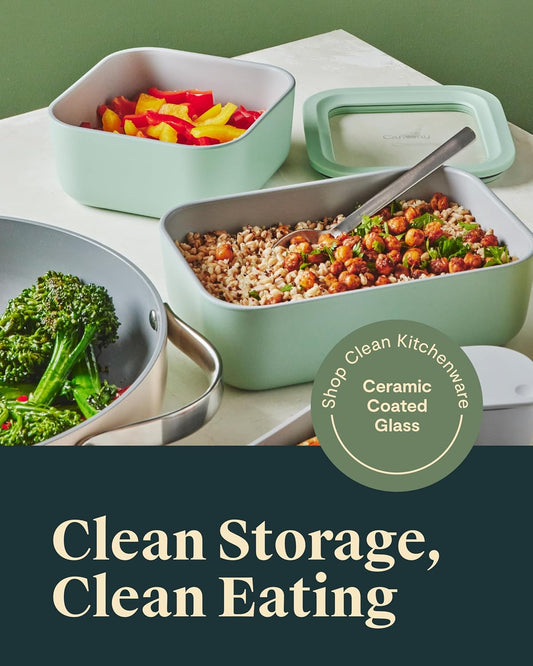 Caraway 6pc Glass Food Storage Set – 6.6 Cup Food Containers (6) - Ceramic Coated - Non Toxic, Non Stick with Lids - Microwave Safe - Perracotta