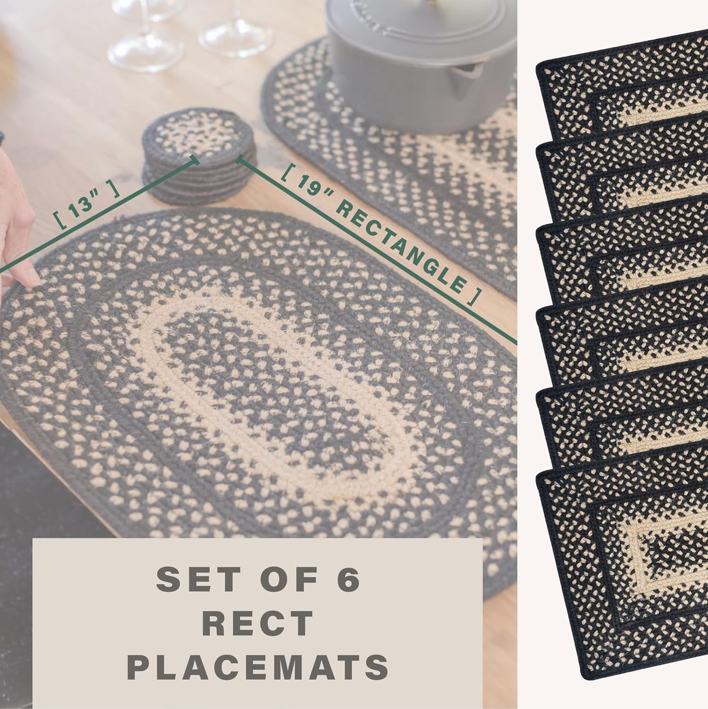 Homespice Manchester Dining Placemats, Country Primitive Decor, Set of 6, Black and Tan - 13x19 Rectangle Table Mats - Vibrant Colors, Durable, Easy to Clean and Protects Furniture