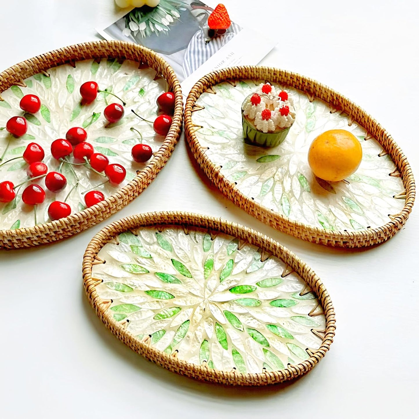 i-lan Set of 3 Oval Rattan Serving Trays with Mother of Pearl Inlay, 13" 12" 11" Woven Platters for Home Decor, Coffee Table, Vanity & Display