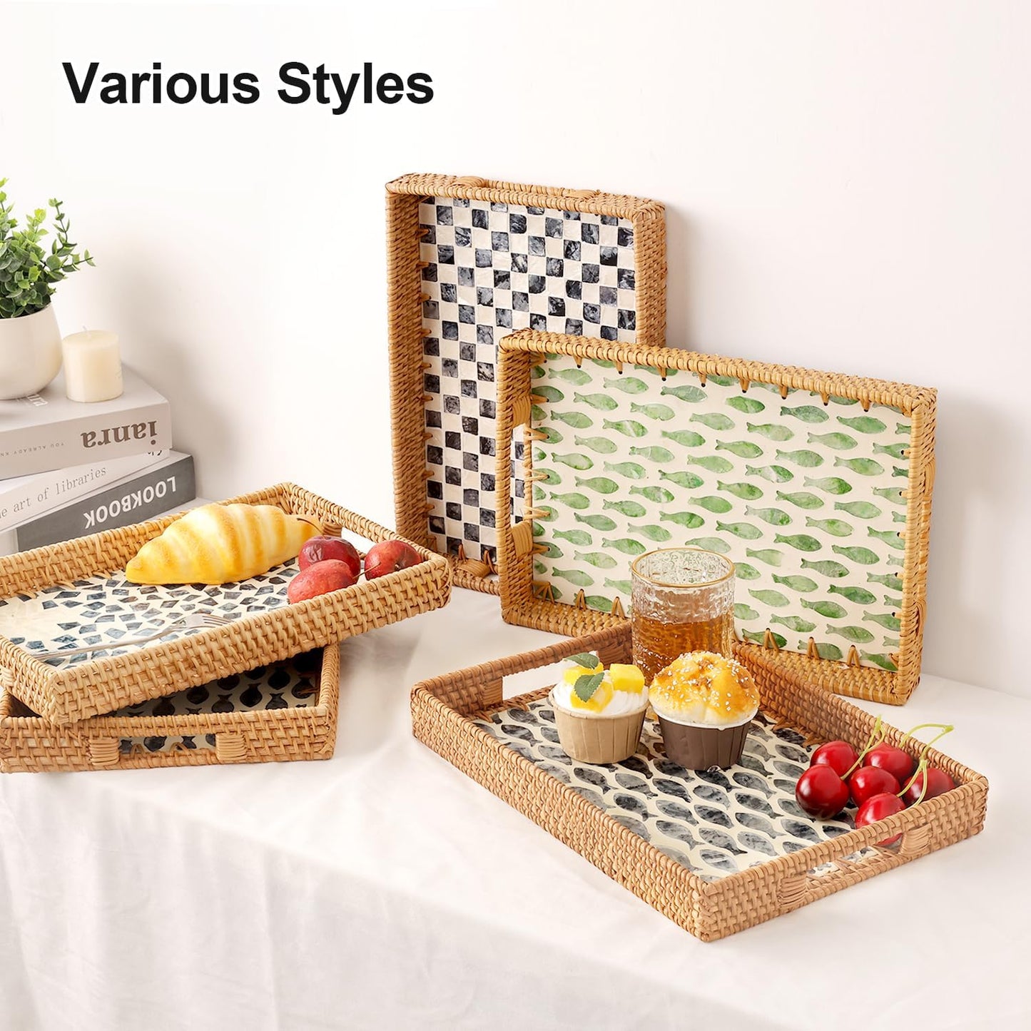 Rectangle Rattan Tray with Mother of Pearl Inlay, Rattan Serving Tray with Handle for Coffee, Bread, Fruits, Snacks, Decorative Wicker Tray for Table Decor (Rectangle Dark Blue Fish, 13"×9")