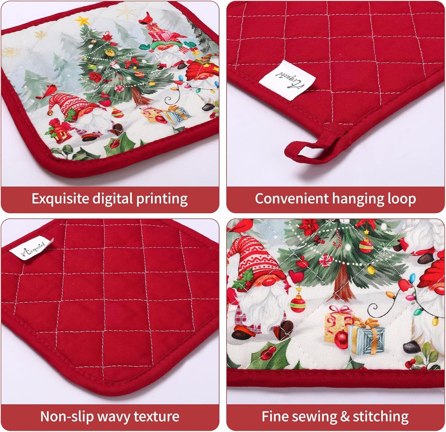 Christmas Winter Gnomes Oven Mitts and Pot Holders Sets 2Pcs, 100% Cotton Heat Resistant, Extra Long Oven Gloves Potholder for Kitchen Cooking Baking Decoration