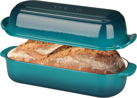 Enameled Cast Iron Loaf Pan with Lid, Dutch Oven Bread pan for Homemade Sourdough Bread Baking, 12.5x5.5 inch, 5qt, Darkcyan