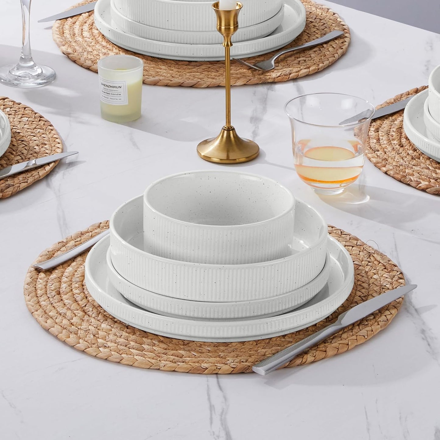 E-far 16 Piece Dinnerware Sets, Plates and Bowls with Pasta Bowls Service for 4, Modern Stoneware Ribbed Dishes for Kitchen Dining, Microwave & Dishwasher Safe, Speckled White