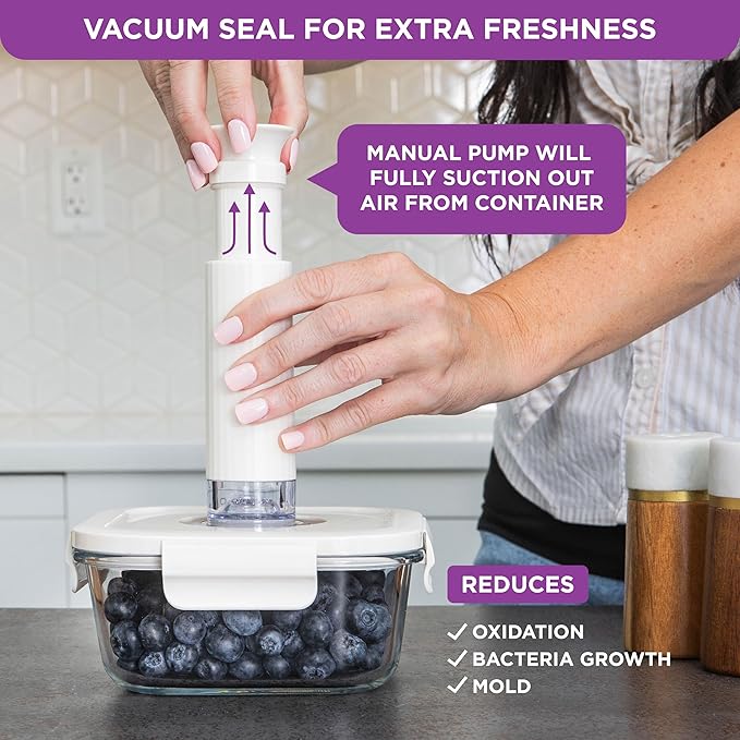 HOLDN’ STORAGE Vacuum Food Storage Containers, Set of 6 Glass Containers & Manual Pump - Keep Food Fresh Longer, BPA-Free Glass, Leak-Proof, Ideal for Meal Prep, Marinating