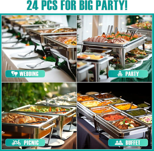 24 Pack Stainless Steel Large Serving Utensils Set - 10" Serving Spoons x 8, 10" Slotted Spoons x 8, and 9" Serving Tongs x 8 by Teivio, for Buffet, Chafing Dish, Catering Supplies (Silver)