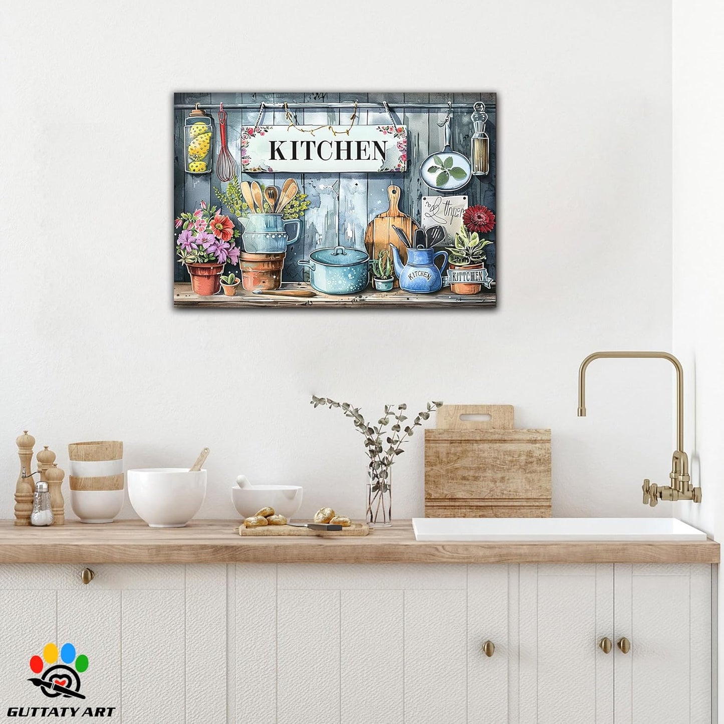 GUTTATY Kitchen Pictures Wall Decor, Farmhouse Wall Art Colorful Flowers and Various Spoons Painting for Dinning Room Restaurant Decor, Mother's Day Gift for Grandma Mom Hanging Artwork 18×24 Inch