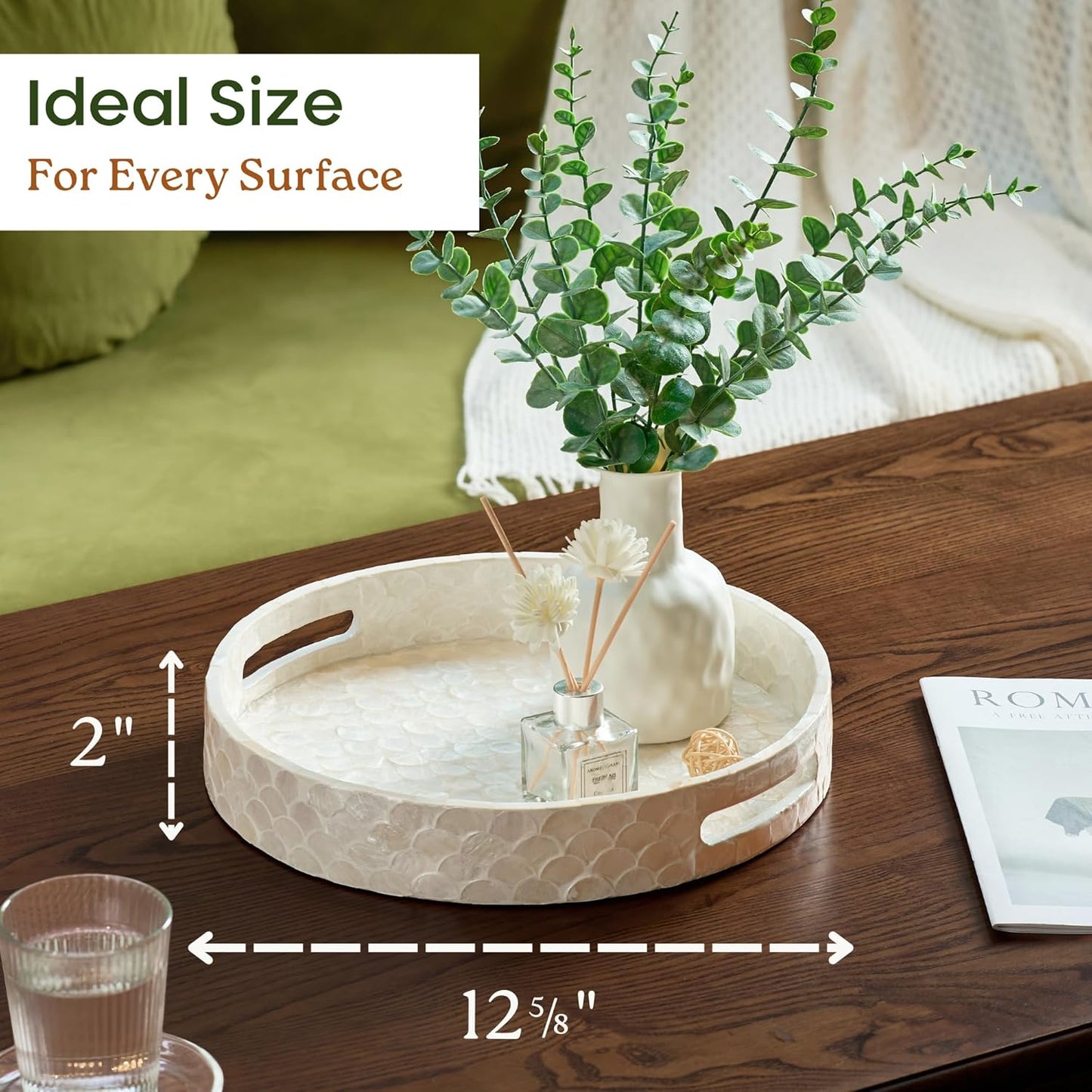 12.6 Inch Capiz Round Decorative Tray with Handles for Coffee Table, Vanity, or Ottoman, Elegant Capiz Mother of Pearl Serving Tray for Home Decor, Modern Coastal Boho Style, White