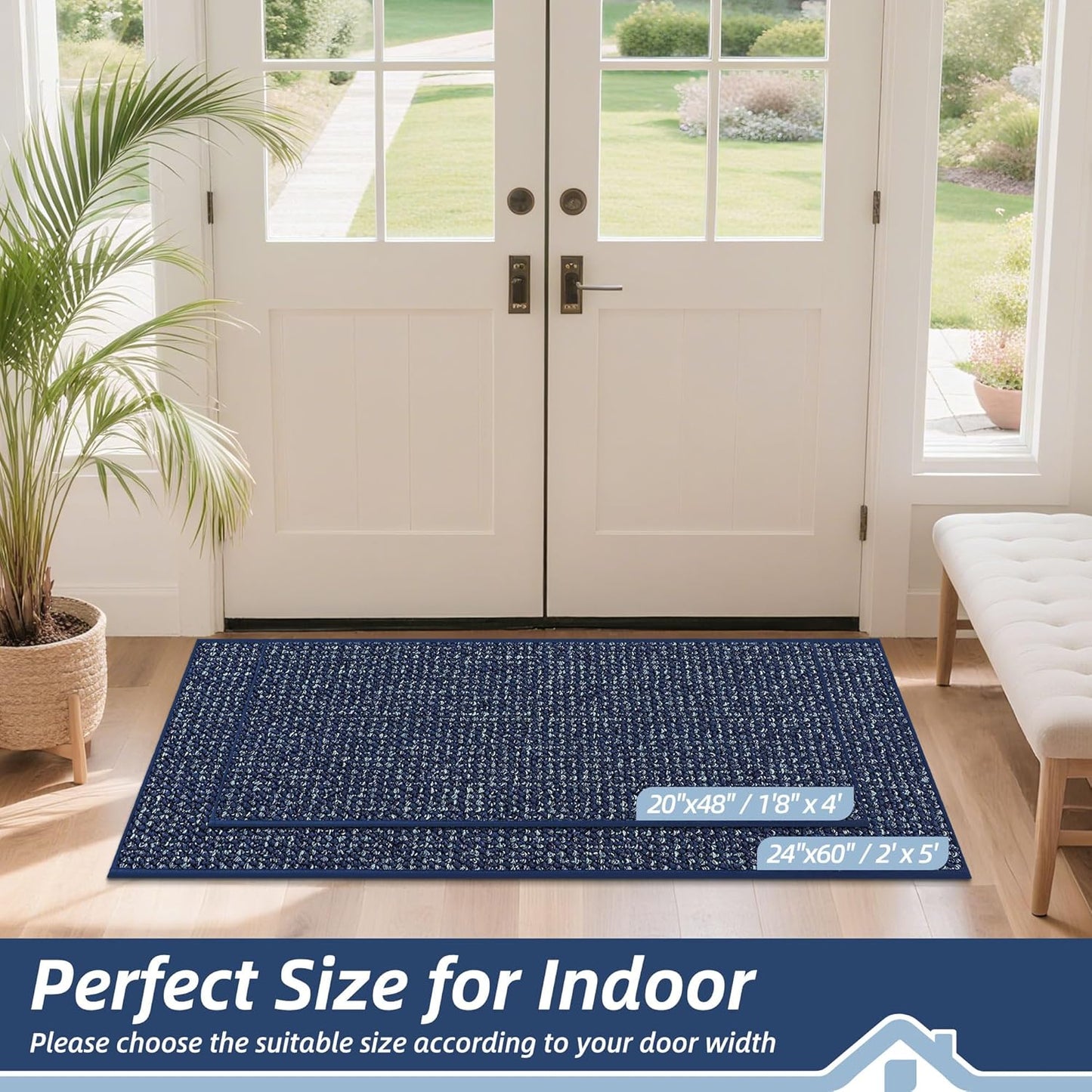 BEQHAUSE Dirt Trapper Door Mat 20" x 48", Non-Slip Washable Doormats Entrance Mat, Dirt Resistant and Absorbent Welcome Mat, Low Profile Floor Mats for Front Back Door and Entryway, Blue