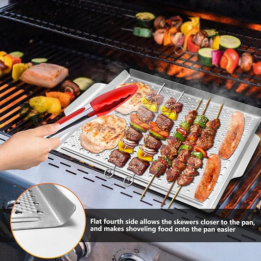 Grill Pan, Nonstick Grill Topper for Outdoor Grilling, Perforated BBQ Tray with Handles for Vegetable, Fish, Meat, Seafood (15x11)