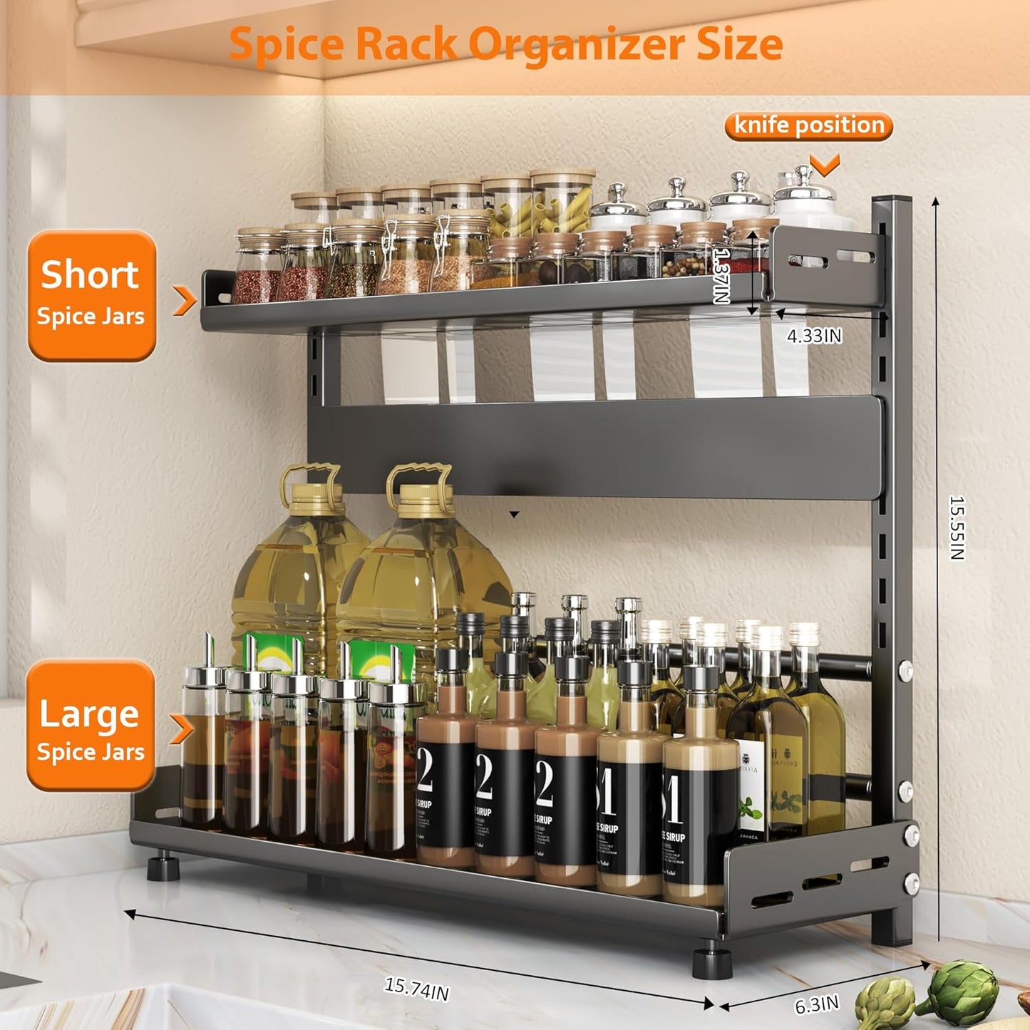Spice Rack Organizer for Countertop, 2-Tier Height-Adjustable Spice Rack Organizer, Metal Standing Kitchen Counter Organizer with Guardrail & Knife Block for Kitchen Cabinet