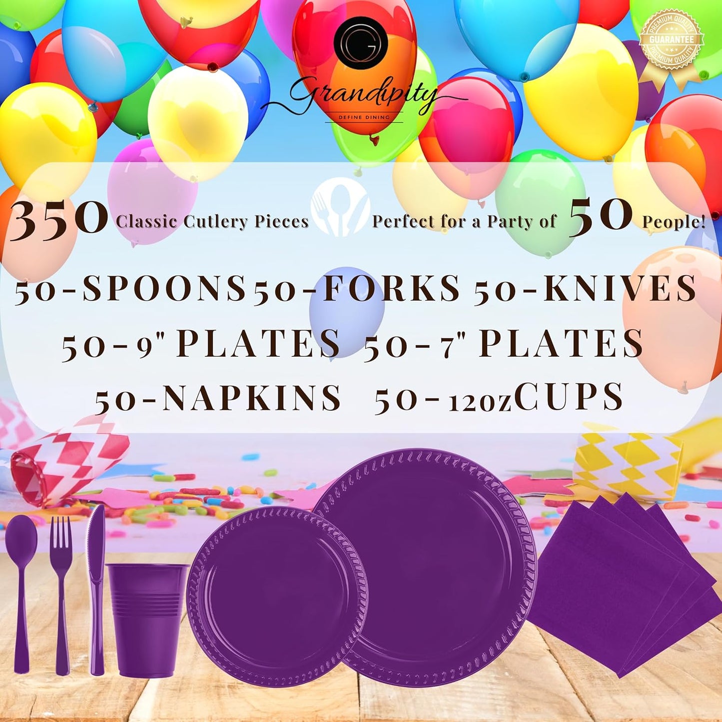 Grandipity 350 Piece Purple Disposable Dinnerware Set, Includes 50 of Each: 9" Dinner Plates, 7" Dessert Plates, 12oz Cups, Paper Napkins, Forks, Knives & Spoons