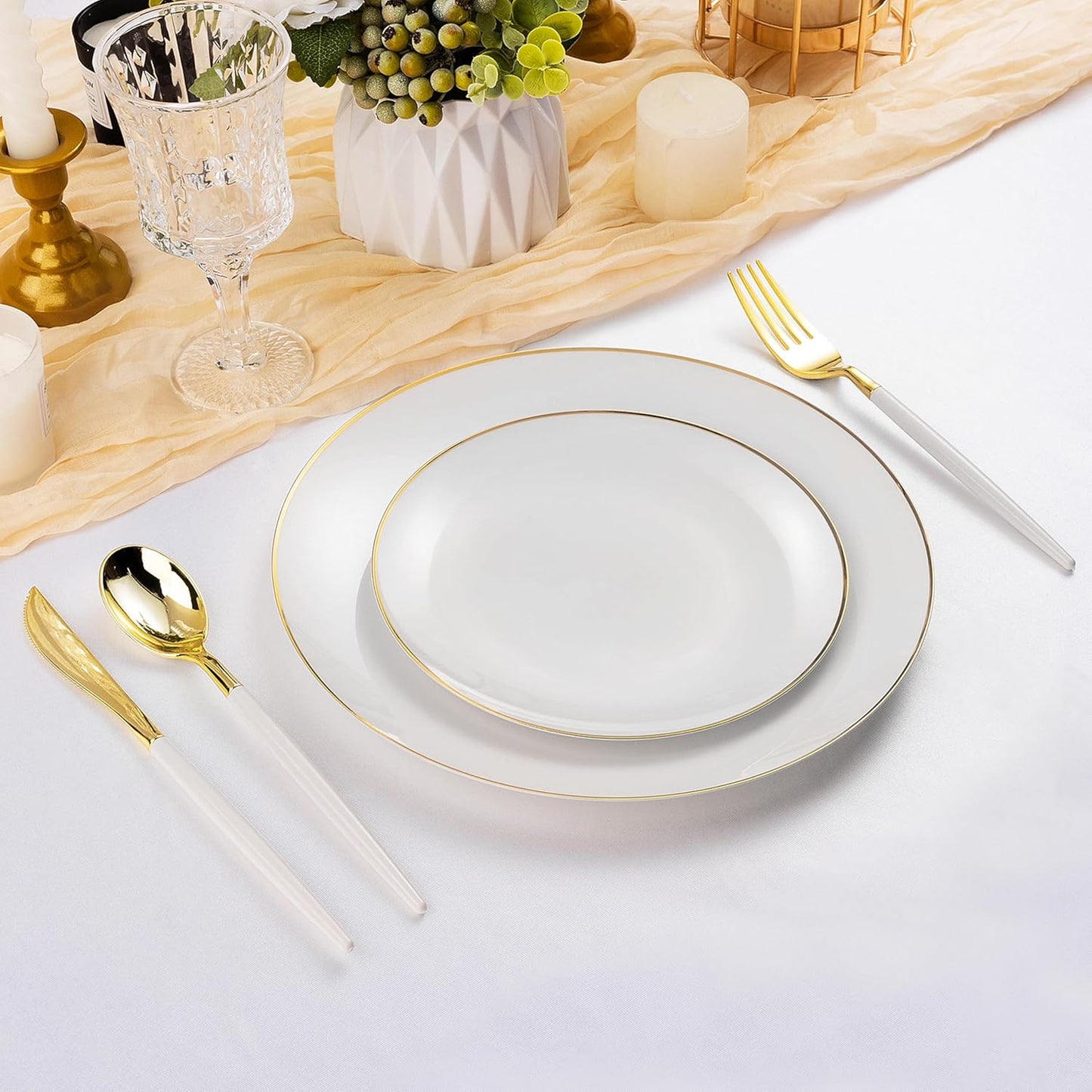 150 PCS White Gold Plastic Utensils for 50 Guests, Gold Disposable Silverware with 50 Knives, 50 Spoons and 50 Forks, BPA Free, Ideal for Weddings, Birthdays & Graduation